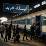تصویر یه ایستگاه قطار تو ایران که یه قطار توش ایستاده مردم دارن سوارش میشن و روی تابلوی ایستگاه نوشته "ایستگاه خرید" لانگ شات باشه