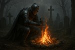 یک شوالیه شمشیر خود را داخل اتش می کند که دور اتش سنگ است و مکان داخل یک قبرستان باشد