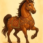Create a high-quality vertical A4 educational illustration of Rakhsh, the loyal horse of Rostam from the Shahnameh, for a second grade classroom. Show a strong, beautiful, noble Persian horse with a heroic appearance, expressive eyes, and a proud pose. The horse should look brave, loyal, and energetic, with decorative Persian-style harness details inspired by epic Iranian art. Keep the background simple and clean with a soft warm atmosphere so the horse is the clear main subject.