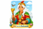 Create a high-quality vertical A4 educational illustration of Zal from the Shahnameh, for a second grade classroom. Show him as a noble Persian epic character with distinct white hair from childhood, a kind and wise face, and elegant traditional Persian clothing. He should look dignified, thoughtful, and gentle, not old and weak. The illustration should clearly emphasize his unusual white hair as his defining feature. Use a clean background and a bright, child-friendly visual style inspired by P
