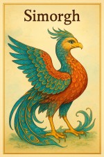 Create a high-quality vertical A4 educational illustration of Simorgh, the wise mythical bird from the Shahnameh, for a second grade classroom. Show a majestic, beautiful, and kind magical bird with large elegant wings, rich Persian feather patterns, and a wise, gentle expression. The bird should look noble, protective, and legendary, not scary. Use bright and harmonious colors with a clean soft background and a magical Persian epic atmosphere. The style should be inspired by Persian miniature p
