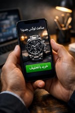 نمای نزدیک از دست‌های یک حرفه‌ای که گوشی رو نگه داشته. روی صفحه گوشی، یک بنر تبلیغاتی خیلی شیک با عکس محصول (مثلاً کفش یا ساعت) و یک دکمه بزرگ سبز رنگ به زبان فارسی با عنوان «خرید با تخفیف» دیده می‌شه. پس‌زمینه یک دفتر کار خلاقانه و مینیمال هست.