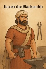 Create a high-quality vertical A4 educational illustration of Kaveh the Blacksmith from the Shahnameh, for a second grade classroom. Show him as a brave and determined Persian hero with strong features, simple traditional clothing, and the appearance of an honorable blacksmith. He should hold or stand near a blacksmith hammer or blacksmith tools, and his expression should show courage and justice, not anger or cruelty. The image should suggest resistance against oppression in a calm educational