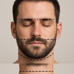 تو یه عکس از سر یک مرد چهار قسمت بین ابرو ، پس گردن ،خط بالای ریش ، زیر گردن رو با خط چین متمایز کن اگر نیازه برای پس گردن پشتش رو هم تو همین عکس بذار