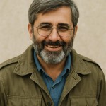 شهید سید مرتض آوینی با پیراهن آبی لی / موی کمی سپید / پیراهن تا کمر دیده شود / اورکت قدیمی کره ای زمان جنگ روی پیراهن بپوشد صورت و کله کاملا دیده شود / لبخند ملیح بزند