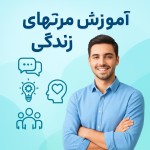 A vibrant and modern promotional banner for life skills training. The banner has a clean and professional design with soft blue and green colors. In the center, a confident young adult smiling and standing in a bright environment. On the left side, small icons representing communication, problem-solving, emotional management, and teamwork. Large and readable Persian text at the top saying "آموزش مهارتهای زندگی" a