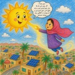 *جایگاه تصویر ۳: خورشید کارتونی با چهره‌ای مهربان، در حال صحبت با مهسا*

خورشید دست مهسا را گرفت—البته نه یک دست واقعی، بلکه نوری که آرام دور انگشت او پیچید—و ناگهان مهسا دید که از پنجره کلاس بیرون می‌لغزند و روی آسمان شهر بالا می‌روند. زیر پایشان حاجی‌آباد کوچک‌تر و کوچک‌تر می‌شد؛ نخل‌ها، خانه‌ها، خیابان‌ها مثل نقاشی‌های دفتر طراحی مهسا بودند. خورشید گفت: «ببین مهسا… اگر روی این بام ها پنل خورشیدی نصب بشه،هیچ کس ،توی فروردین و اردیبهشت با قطعی برق مواجه نمیشود