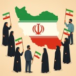 لطفا یه تصویر ایجاد که که نقشه ایران به رنگ پرچم ایران در مرکر اون قرار داشته باشه و روی لبه ی نقشه مردم ایران با پوشش اسلامی و پرچم ایران در دست روی خطول اطراف نقشه ایستاده باشند