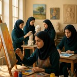تصویری از 4 دختر دبیرستانی ایرانی با لباسهای سبز تیره در یک کارگاه نقاشی روشن و در حال کار کردن بساز. دختر جلوی تصویر در حال نقاشی روی بوم باشد با لباس کار رنگی شده و دقت داشته باشد. عقب تر تصویر دو دختر در حال ساخت مجسمه سردیس باشند نور طبیعی آفتابی از پنجره‌ها وارد می‌شود . در اطرافشان رنگ و بوم و لوازم هنری رنگی باشد . روی دیوار کارگاه تابلوهای نقاشی و مجسمه برجسته باشد