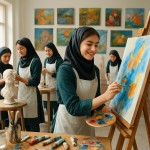 تصویری از 4 دختر دبیرستانی ایرانی با لباسهای سبز تیره و پیشبند سفید در یک کارگاه نقاشی روشن و در حال کار کردن بساز با نشاط. دختر جلوی تصویر در حال نقاشی روی بوم و سه پایه تیره و ایستاده باشد کمی دقت داشته باشد. دو دختر در حال ساخت مجسمه سردیس و آناتومی باشند یکی هم در حال تمیز کردن کارگاهنور طبیعی آفتابی از پنجره‌ها وارد می‌شود . در اطرافشان رنگ روغن و بوم و لوازم هنری رنگی باشد . روی دیوار کارگاه 8 تابلوهای نقاشی چیدمان شده باشد
