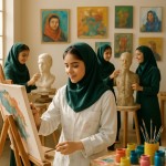 تصویری از 4 دختر دبیرستانی ایرانی با لباسهای سبز تیره در یک کارگاه نقاشی روشن و در حال کار کردن بساز با نشاط. دختر جلوی تصویر در حال نقاشی روی بوم و سه پایه ایستاده باشد با لباس کار سفید و چند لکه رنگ و دقت داشته باشد. دو دختر در حال ساخت مجسمه یکی سردیس یکی اناتومی باشند نور طبیعی آفتابی از پنجره‌ها وارد می‌شود . در اطرافشان رنگ و بوم و لوازم هنری رنگی باشد . روی دیوار کارگاه 8 تابلوهای نقاشی چیدمان شده باشد
