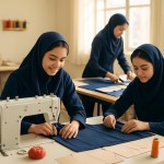 تصویری از دختران دبیرستانی ایرانی با لباسهای آبی تیره در یک کارگاه تولیدی لباس روشن و پرانرژی بساز. دختران جلوی تصویر در حال دوخت با ماشین خیاطی صنعتی باشند. عقب تر تصویر یکی از دختران در حال برش پارچه و الگو بر روی میز برش باشند نور طبیعی آفتابی از پنجره‌ها وارد می‌شود . در اطرافشان قیچی، بالشتک سوزن ته گرد و سوزن ته گرد بر روی آن، کاغذ الگو ها و دوک نخ های رنگی.