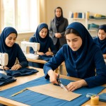 تصویری از دختران دبیرستانی تا سن 19 سال ایرانی با لباسهای آبی تیره در یک کارگاه با حال و هوای روشن و پرانرژی در عین حال جدی در حال دوخت و دوز با ماشین های خیاطی هستند. یکی از دختران در حال برش پارچه و الگو بر روی میز بزرگ برش هستند و نور طبیعی آفتابی از پنجره‌ها وارد می‌شود و حال و هوای مثبتی در فضای کارگاهی حاکم است. نوجوانان با دقت و اشتیاق در حال کار بر روی لباس های سفارشی هستند و در اطرافشان لوازم خیاطی زیاد و پارچه قرار دارد حضور سرپرست و یا کارفرما در پس زمینه تصویر باشد