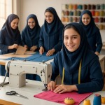 تصویری از 5 دختر دبیرستانی ایرانی با لباسهای آبی تیره در یک کارگاه تولیدی لباس روشن و در حال لبخند زدن بساز. دختر جلوی تصویر در حال دوخت با ماشین خیاطی صنعتی بر روی پارچه های رنگی باشد. عقب تر تصویر دو دختر در حال برش پارچه و الگو بر روی میز برش باشند نور طبیعی آفتابی از پنجره‌ها وارد می‌شود . در اطرافشان قیچی، بالشتک سوزن ته گرد و سوزن ته گرد، کاغذ الگو ها و دوک نخ های رنگی. قرقره های رنگی زیاد بر روی دیوار کارگاه دیده شود سانتیمتر بر گردن دوتا دختر باشد