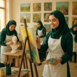 تصویری از 4 دختر دبیرستانی ایرانی با لباسهای سبز تیره و پیشبند سفید در یک کارگاه نقاشی روشن و در حال کار کردن بساز با نشاط. دختر جلوی تصویر در حال نقاشی روی بوم و سه پایه تیره و ایستاده باشد کمی دقت داشته باشد. دو دختر در حال ساخت مجسمه سردیس و آناتومی باشند یکی هم در حال تمیز کردن کارگاهنور طبیعی آفتابی از پنجره‌ها وارد می‌شود . در اطرافشان رنگ روغن و بوم و لوازم هنری رنگی باشد . روی دیوار کارگاه 8 تابلوهای نقاشی چیدمان شده باشد