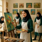 تصویری از 4 دختر دبیرستانی ایرانی با لباسهای سبز تیره و پیشبند سفید در یک کارگاه نقاشی روشن و در حال کار کردن بساز با نشاط. دختر جلوی تصویر در حال نقاشی روی بوم و سه پایه تیره و ایستاده باشد کمی دقت داشته باشد. دو دختر در حال ساخت مجسمه سردیس و آناتومی باشند یکی هم در حال تمیز کردن کارگاهنور طبیعی آفتابی از پنجره‌ها وارد می‌شود . در اطرافشان رنگ روغن و بوم و لوازم هنری رنگی باشد . روی دیوار کارگاه 8 تابلوهای نقاشی چیدمان شده باشد