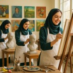 تصویری از 4 دختر دبیرستانی ایرانی با لباسهای سبز تیره و پیشبند سفید در یک کارگاه نقاشی روشن و در حال کار کردن بساز با نشاط. دختر جلوی تصویر در حال نقاشی روی بوم و سه پایه تیره و ایستاده باشد کمی دقت داشته باشد. دو دختر در حال ساخت مجسمه سردیس و آناتومی باشند یکی هم در حال تمیز کردن کارگاهنور طبیعی آفتابی از پنجره‌ها وارد می‌شود . در اطرافشان رنگ روغن و بوم و لوازم هنری رنگی باشد . روی دیوار کارگاه 8 تابلوهای نقاشی چیدمان شده باشد