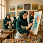 تصویری از 4 دختر دبیرستانی ایرانی با لباسهای سبز تیره در یک کارگاه نقاشی روشن و در حال کار کردن بساز با نشاط. دختر جلوی تصویر در حال نقاشی روی بوم و سه پایه ایستاده باشد با پیشبند سفید و چند لکه رنگ و دقت داشته باشد. یک دختر در حال ساخت مجسمه یکی سردیس باشند مابقی بر روی دیوار نقاشی کنند نور طبیعی آفتابی از پنجره‌ها وارد می‌شود . در اطرافشان رنگ روغن و بوم و لوازم هنری رنگی باشد . روی دیوار کارگاه 8 تابلوهای نقاشی چیدمان شده باشد