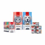 یک تصویر بهم بده با پشت زمینه سفید ساده (#FFF) ، داخلش یک بسته غذای خشک گربه ونپی (Wanpy) و یک بسته غذای خشک سگ ونپی (Wanpy) به همراه تعدادی پوچ و کنسرو ونپی (Wanpy) بذار همین! لطفا لبه های تصویر رنگ بک گراد ساده ساده باشد و چیزی به لبه ها نزدیک نشود که بتوان داخل تصویری با همون رنگ قرارش داد