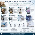 یک پوستر به زبان انگلیسی در مورد مسیر تولید دارو از قارچ(fungi) تا مولکول دارویی را بساز که وضوح و کیفیت بالا داشته باشد