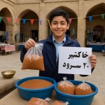 یه تصویر از بازارچه محلی مزینان که در کاروانسرای شاه عباسی مزینان بده که در این بازارچه دانش آموزی داره خاکشیر میفروشه و 30 درصد سود کرده