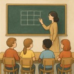 بچه‌ها در یک کلاس روی نیمکت‌ها نشستند و معلم روی تابلو در حال کشیدن جدولی است و همه به تابلو نگاه می‌کنند این کلاس تقریباً ساده است