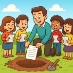 دانش آموزان و معلم برگه‌های دستشان را داخل گودال گذاشته‌اند و یکی از آنها در حال پر کردن چاله است این تاثیر به صورت کارتونی و مانند تصویرهای قبلی باشد