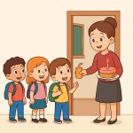 معلم دانش آموزان را  کلاس می‌برد و در جلوی در به آنها آبمیوه و یک کیک می‌دهد و بچه‌ها به ترتیب به صورت کارتونی باشد