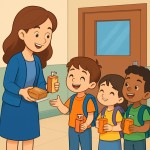 خانم معلم دانش آموزان را کلاس می‌برد و در جلوی در به آنها آبمیوه و یک کیک آماده یا بسته‌بندی شده به آنها می‌دهد این تصویر به صورت کارتونی باشد