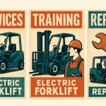 Electric forklift advertising in the form of postcards with the theme of services, training and repairs
