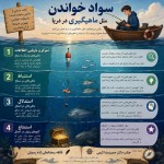 می خوام یک پوستر برام طراحی کن که باهاش سواد خواندن رو به دانش آموزان دبیرستانی خودم آموزش بدم. چهار سطح تمرکز و بازیابی اطلاعات ، استنباط ، استدلال و استنتاج رو در خواندن به سادگی توضیح بده. می خوام کتاب خواندن مثل ماهیگیری در دریا تصور بشه و این چهار سطح رو با رو با این تشبیه شرح بده، در پایان نام خودم فائقه رمضانعلی زاده رسولی و نام استادم جناب دکتر حمیدرضا کرمی هم قرار بگیره