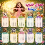 برام یه پوستر برای آموزش جدول ضرب طراحی کن که هر ضرب به شکل یک حیوان زیبا باشه. تمام جدول ضرب تا ده را شامل شود. بالای صفحه یک دختر بچه زیبا با تاج و موهای بلند شاد و خوشحال ایستاده باشد. عنوان پوستر جدول ضرب شاد روشنا باشد. طرح پس زمینه جنگل در طلوع خورشید باشد. تصویر خورشید هم به بزرگی دیده شود. رنگ خورشید زرد کم رنگ باشد. تصویر خس اعتماد به نفس و آرامش را القا کند.