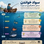 می خوام یک پوستر برام طراحی کن که باهاش سواد خواندن رو به دانش آموزان دبیرستانی خودم آموزش بدم. چهار سطح تمرکز و بازیابی اطلاعات ، استنباط ، استدلال و استنتاج رو در خواندن به سادگی توضیح بده. می خوام کتاب خواندن مثل ماهیگیری در دریا تصور بشه و این چهار سطح رو با رو با این تشبیه شرح بده، در پایان نام خودم فائقه رمضانعلی زاده رسولی و نام استادراهنما:  دکتر حمیدرضا کرمی هم قرار بگیره