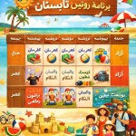 یک پوستر برام طراحی کن که یک جدول هفتگی برای روتین تابستانه باشه، محتوای تصویر تابستان و سرگرمی را القا کند. روز شنبه صبح کلاس زبان، عصر جادوی ریاضی. روز یکشنبه صبح باشگاه والیبال، عصر مخترع کوچک،روز دوشنبه صبح کلاس زبان، عصر جادوی ریاضی، روز سه شنبه صبح باشگاه والیبال، عصر مخترع کوچک، روز چهارشنبه، صبح توریست شهری ، عصر جادوی ریاضی، روز پنج شنبه آزاد، جمعه تعطیلات خانوادگی