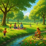 “تصویر یک پارک زیبا در یک روز آفتابی، با درختان سرسبز، چمن‌های نرم و گل‌های رنگارنگ. درختان بزرگ سایه‌ای دلپذیر ایجاد کرده‌اند و خانواده‌ها در حال پیک‌نیک هستند. بچه‌ها در حال بازی و دوچرخه‌سواری هستند و یک جوی آب کوچک با صدای آرام در حال عبور است.”