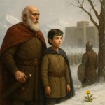 پسرک 10 ساله شاهزاده ماننا در فضای ایران باستان در کنار پدر بزرگ سفید موی خود که سرداری کار کشته است در روی تپه در برف جلوی دروازه قلعه ایستاده اند و دور دست را می نگرند و یک سپاهی هم همراه آنان در کنارشان است و رویش به همان سویی است که می نگرند هر سه به یک نقطه می نگرند و سپاهی شمشیری بر کمر دارد و پسرک شاهزاده پیشانی بند زمردی دارد و گلی در یخ بر پای درختی روییده است.
