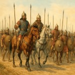 تصویری از لشکر ایران باستان ماد ها که سپاهیان با نظم اسب سواران و نیزه داردان و پیاده نظام که سپر و شمشیر دارند در حال حرکتند