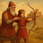 پدر بزگ سردار ماننا است و نوه اش را که شاهزاده ماننا است تمرین می دهد بر روی تپه جلوی قلعه ماننایی در فضای ایران باستان