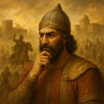 سرداری ماننایی در زمان ایران باستان که در حال فکر کردن است و پشت سرش در پس زمینه تصویر قلعه ها و سواران و نیزه داران و شمشیر زنان دیده می شود که کل پس زمینه را در فضایی خیالی پر کرده است