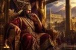 جمشید مغرورانه بر تخت جمشید تکیه داده و فکر می کند