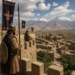 تصویری از شهر همدان در دوران ایران باستان که نگهبانان بر باروی شهر نگهبانی می دهند