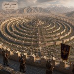 شهر همدان باستان که هفت لایه دیوار گرداگرد شهر دیده شود که نگهبانان تیر کمان دار نگهبانی می دهند