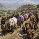 ارابه های غیر جنگی با پوشش  پاچه های سفید و آبی و ارغوانی که سربازان و کاروانداران مراقب آنها هستند و حدود 10 ارابه و شتران با بار و 50 سوار با لباس زره آبی و کلاه خود اورارتویی دیده شوند