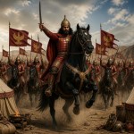 سردار مادی با زره قلعی قرمز با کلاه خود مادی و اسب سیاه با 50 سوار به تاخت به اردوگاه مادها در ایران باستان می رسند