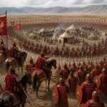 سپاه ماد با زره های قرمز رنگ و اسب سواران و شمشیر داران و سپر داران و نیزه داران که چادر های سکایی را محاصره کرده اند