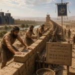 کارگران بابلی در حال ساخت دیوار بین ماد و بابل در مرز بابل هستند