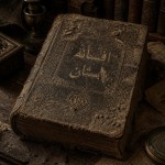کهنه کتاب باستانی دیده شود که بر رویش نوشته شده افسانه باستان و گرد و غبار روی کتاب نشسته باشد