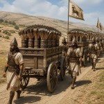 ارابه هایی غیر جنگی مادی  پر از تیر  های تیرو کمان که سربازان مادی آنها را همراهی می کنند