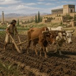 مزرعه ای در ایران باستان که کشاورزمادی با خیش در حال شخم زدن آن است و دو گاو خیش را می کشد