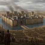 قلعه آشور باستان که اطراف قلعه خندق پر از آب برای دفاع وجود دارد و سربازان مادی آنرا محاصره کرده اند